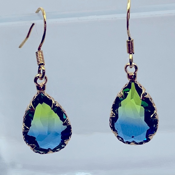 Handmade Blue Green Glass Gold Trim Teardrop Dangle Earrings - Picture 1 of 2